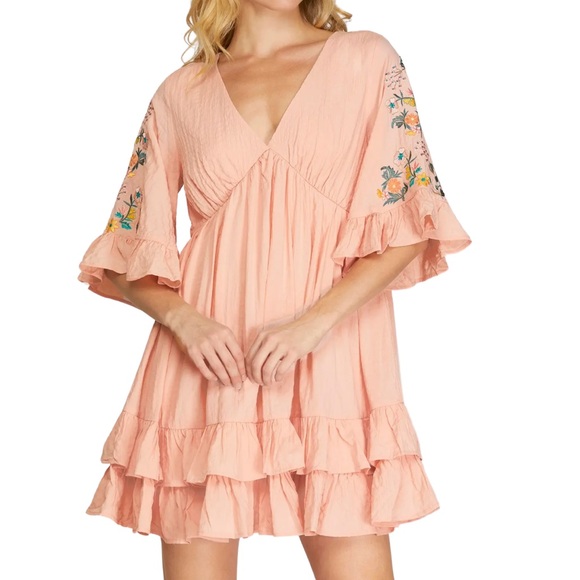 She + Sky Dresses & Skirts - LIGHT ROSE FLORAL EMBROIDERY HALF SLEEVE BABYDOLL WOVEN V NECK DRESS